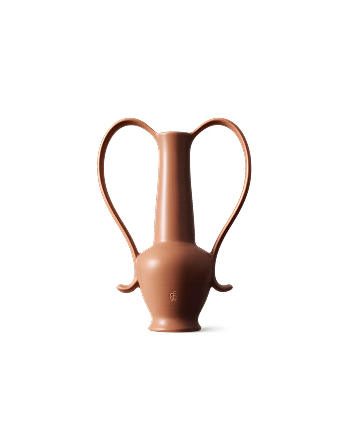 A terracotta vase with two tall handles